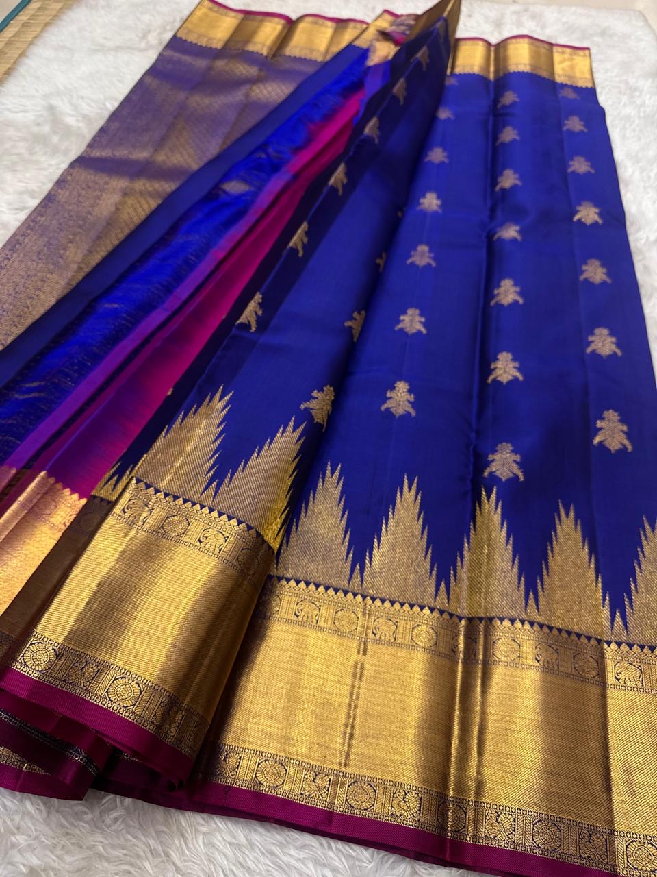 Royal Blue and Gold Handwoven Pure Silk Kancheepuram Saree with Twin Kili Butta Motif and Temple Border