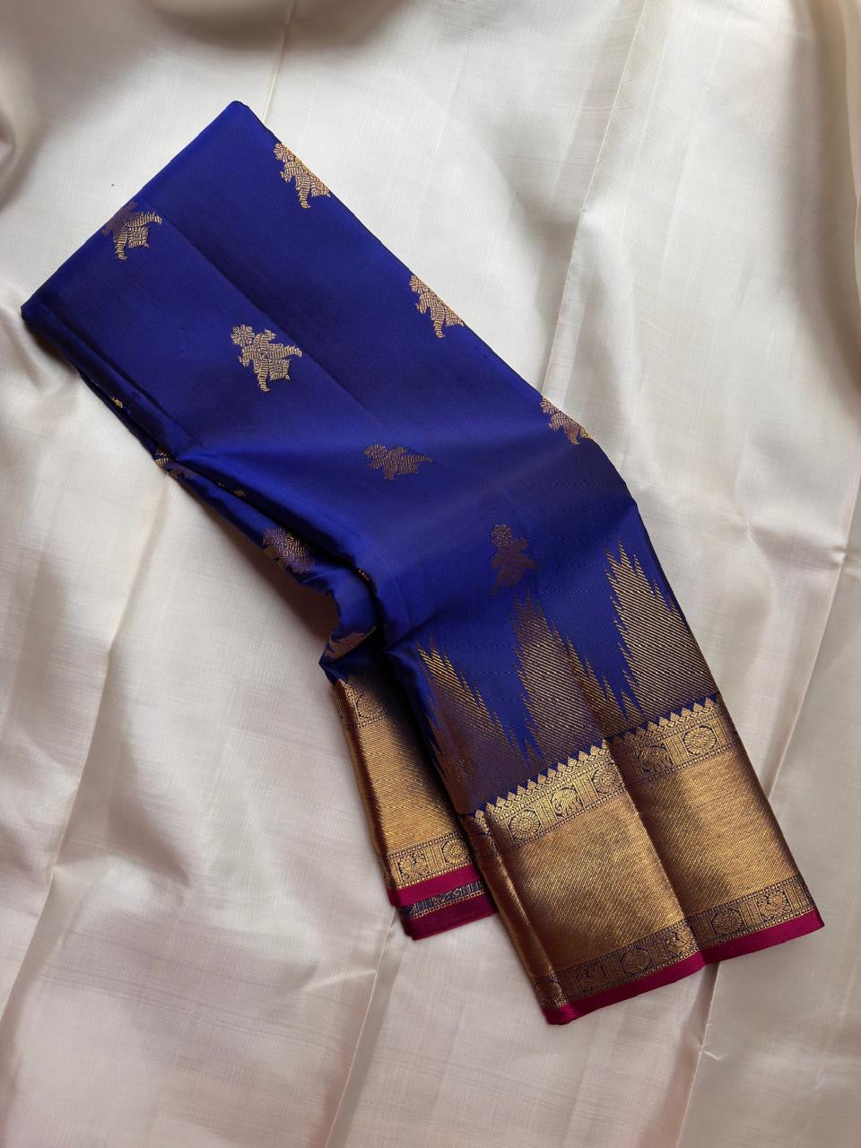 Royal Blue and Gold Handwoven Pure Silk Kancheepuram Saree with Twin Kili Butta Motif and Temple Border