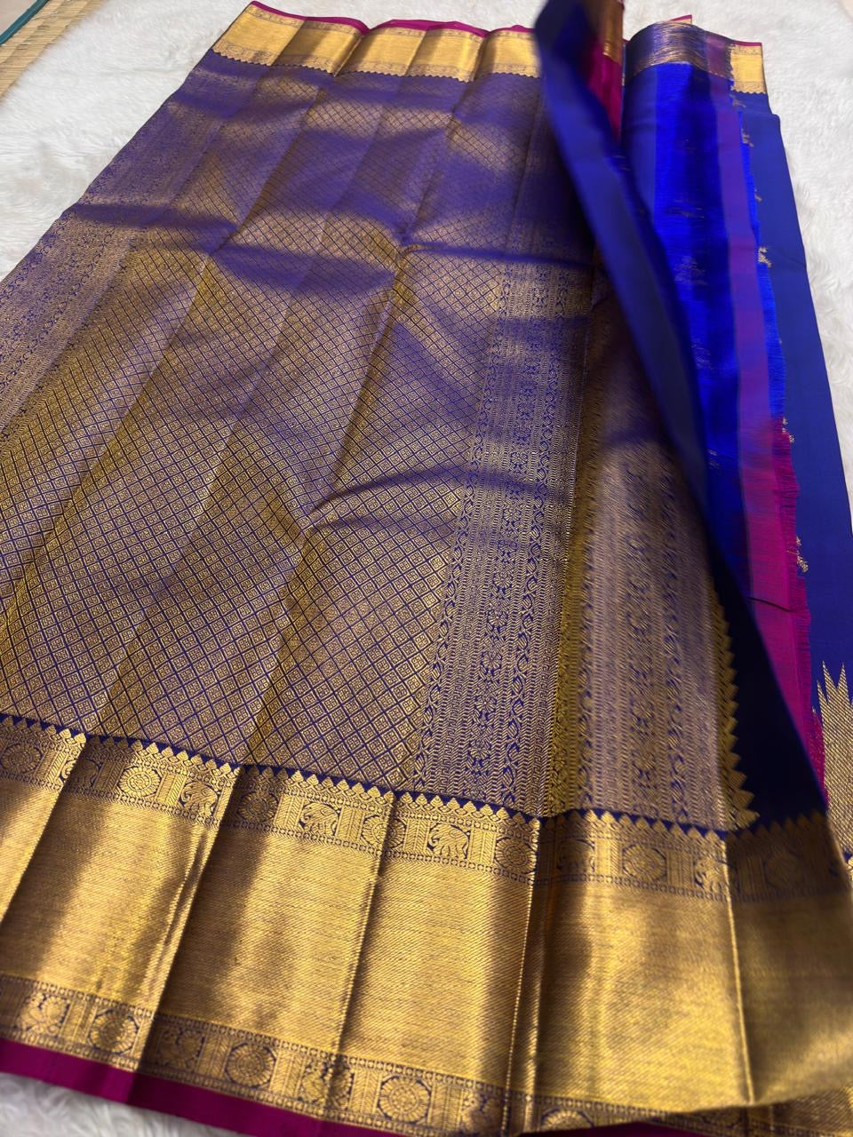 Royal Blue and Gold Handwoven Pure Silk Kancheepuram Saree with Twin Kili Butta Motif and Temple Border