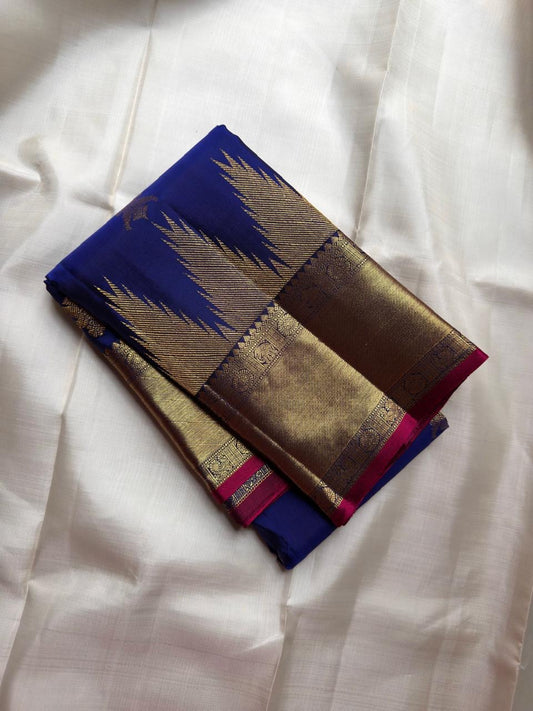 Royal Blue Handwoven Pure Silk Kancheepuram Saree with Twin Kili Butta and Temple Border