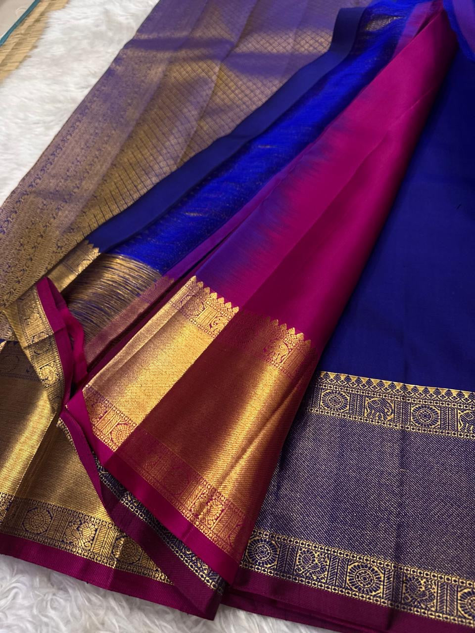 Royal Blue and Gold Handwoven Pure Silk Kancheepuram Saree with Twin Kili Butta Motif and Temple Border