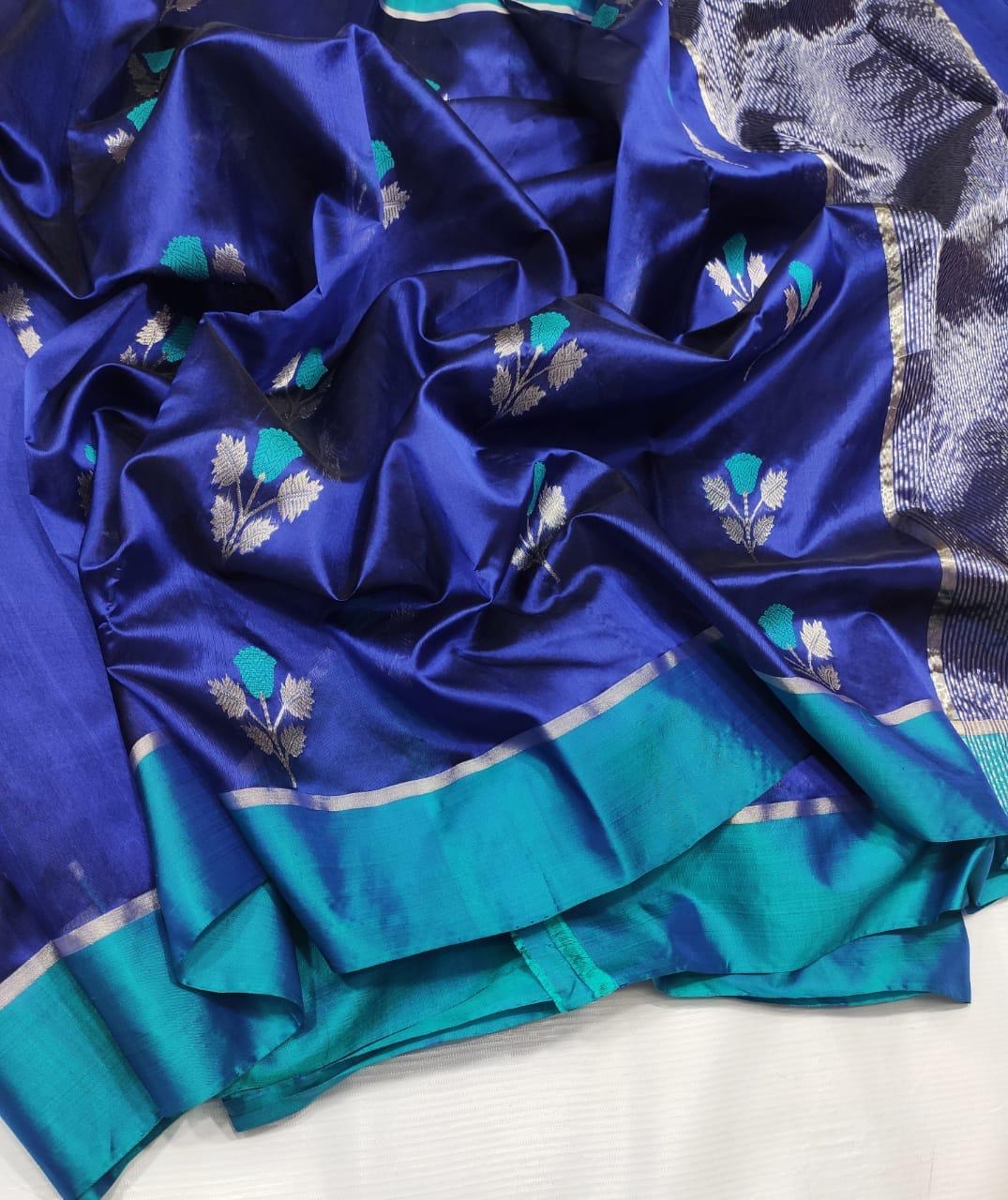 Royal blue Chanderi Pattu Silk saree with floral buttas