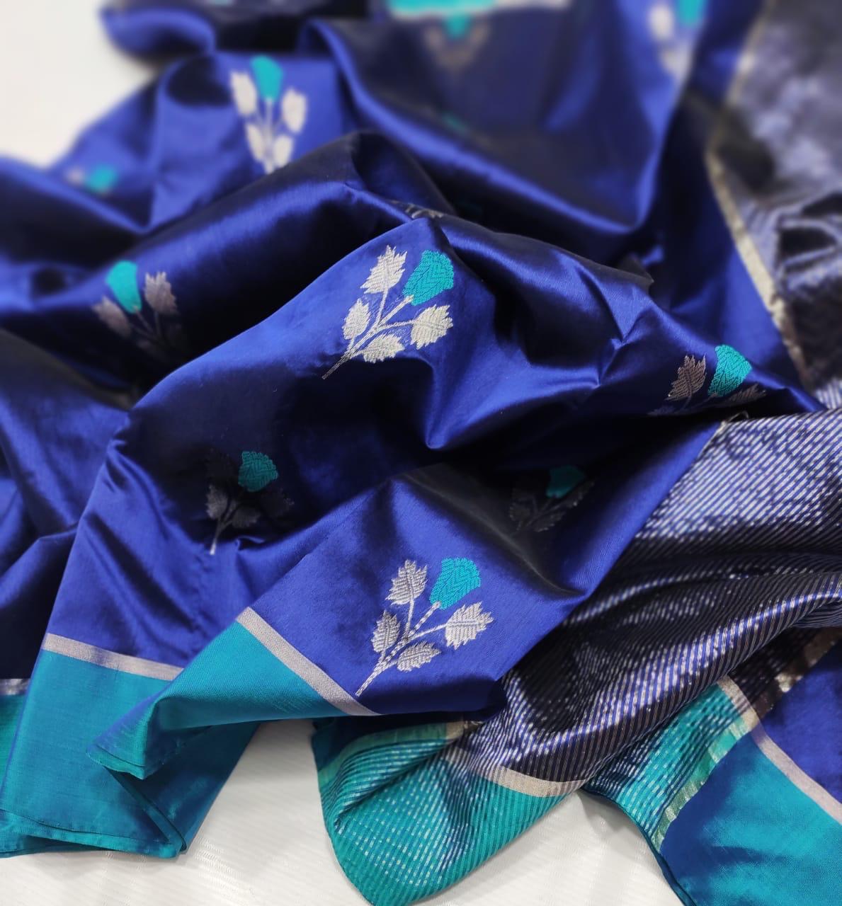 Royal blue Chanderi saree with turquoise floral buttas