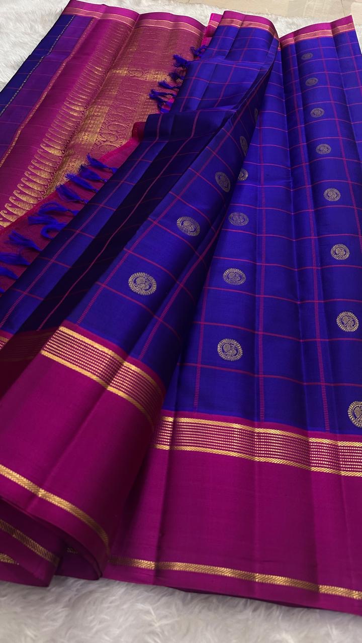Royal Blue pure silk Kanjivaram saree — checked