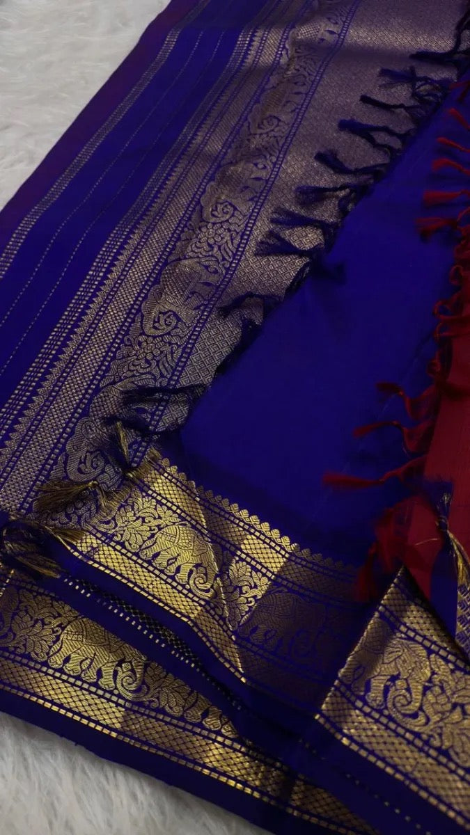 Royal Blue elephant motif border detail on Kanjivaram saree