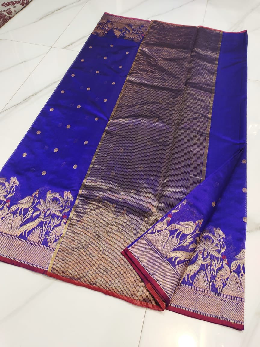 Royal blue Chanderi silk with antique-gold floral border