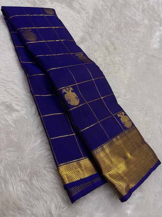 Royal Blue and Gold Handwoven Pure Silk Kanjipuram Saree with Zari Kattam Vairaoosi Body and Self-Colour Border