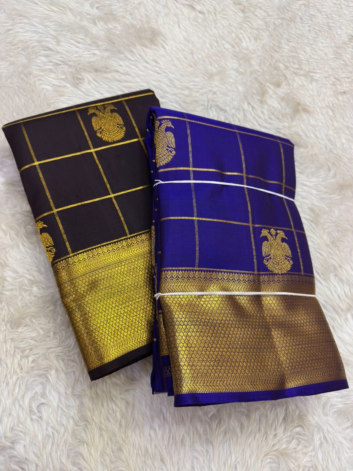 Royal Blue and Gold Handwoven Pure Silk Kanjipuram Saree with Zari Kattam Vairaoosi Body and Self-Colour Border