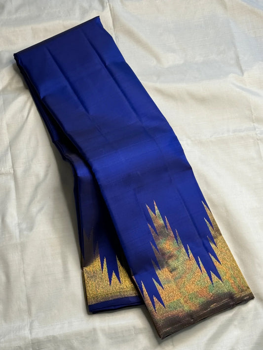 Royal Cobalt Blue Pure Silk Kanjipuram Ettukol Saree - draped hero view