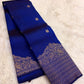Royal Blue handwoven pure silk Kanchi Pattu saree with floral butta motifs — full saree overview — Idam Living