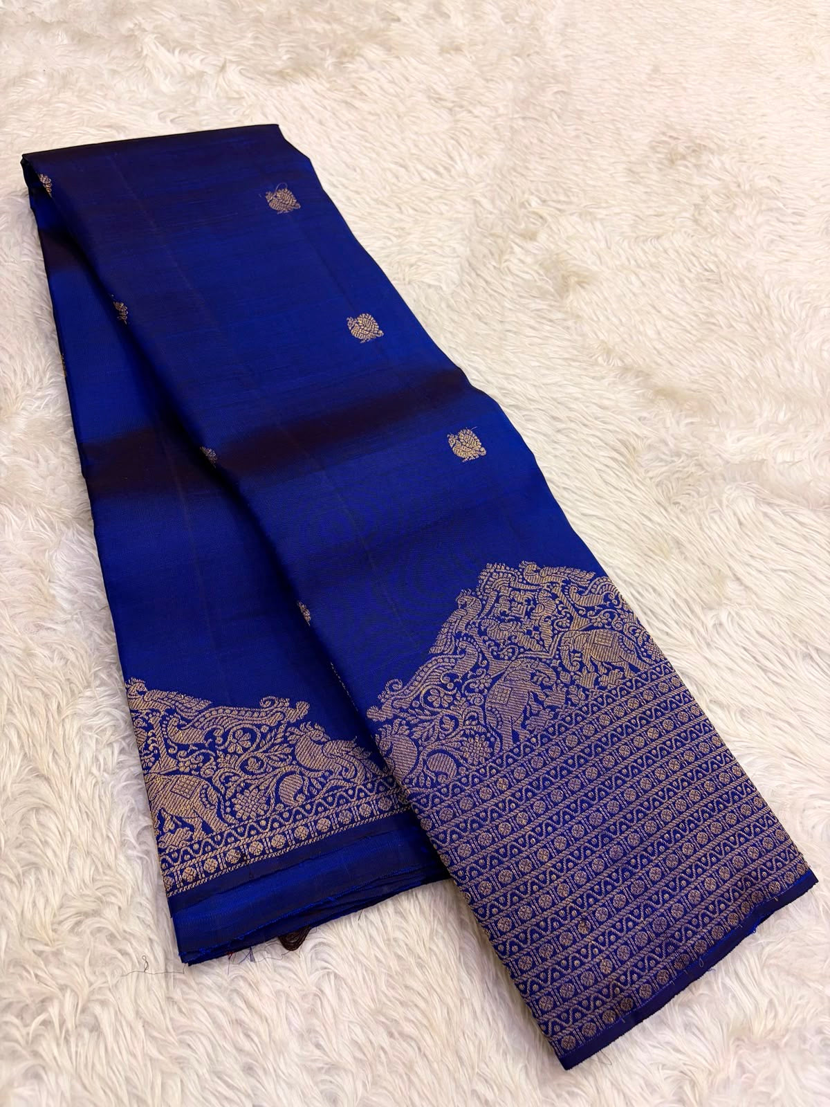 Royal Blue handwoven pure silk Kanchi Pattu saree with floral butta motifs — full saree overview — Idam Living
