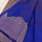 Royal Blue Kanchi Pattu silk saree body close-up showing gold zari floral butta motifs