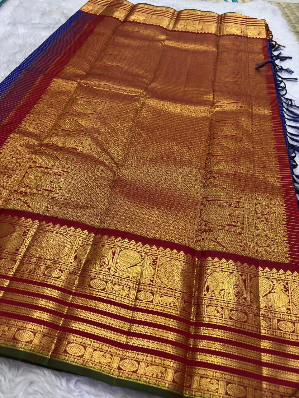 Royal blue Kancheepuram saree with Zari Kattam Korvai elephant peacock border — Idam Living