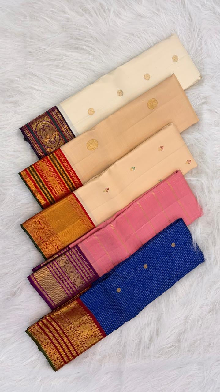 Royal blue Kancheepuram silk saree with Zari Kattam and maroon ornate border — Idam Living