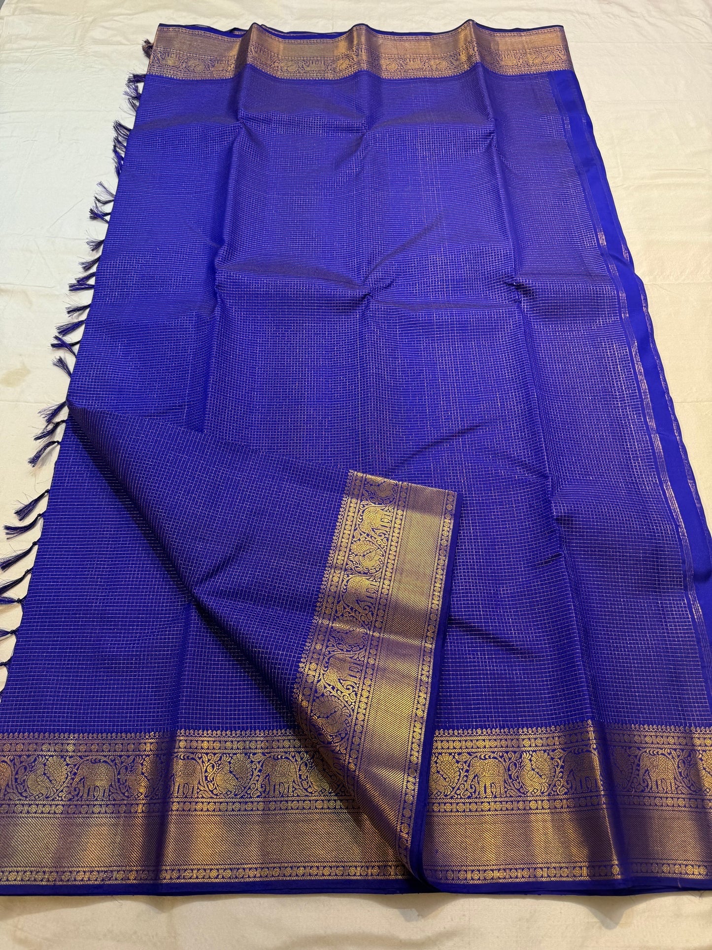 Royal blue Kancheepuram silk saree, pallu with gold zari work