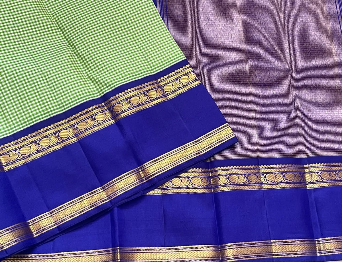 Pistachio Green Handwoven Pure Silk Kancheepuram Kanchi Kattam Saree with Neelam Blue Gold Zari Border