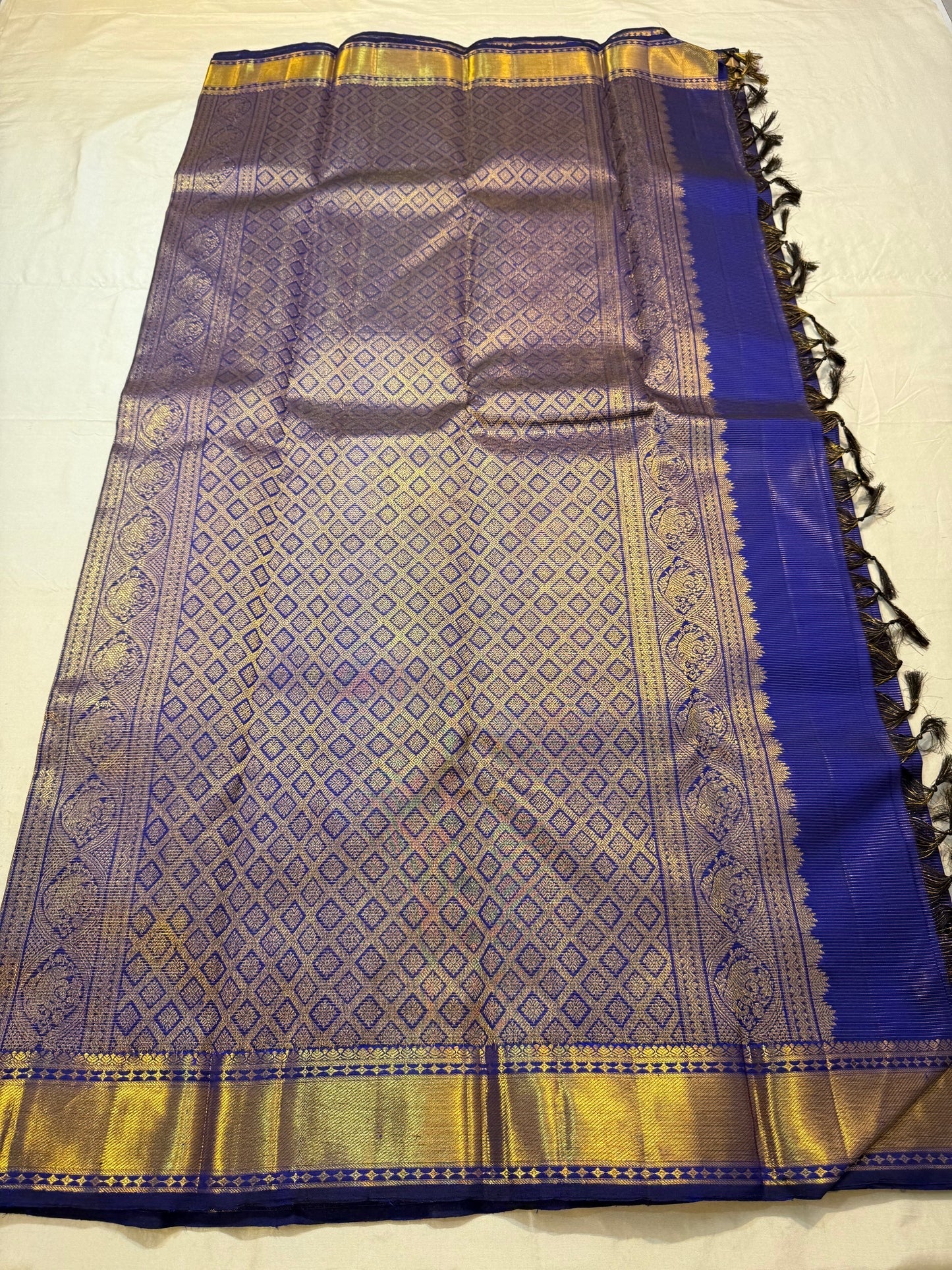 Mustard gold korvai contrast border on royal blue Kanchipuram silk saree — Idam Living