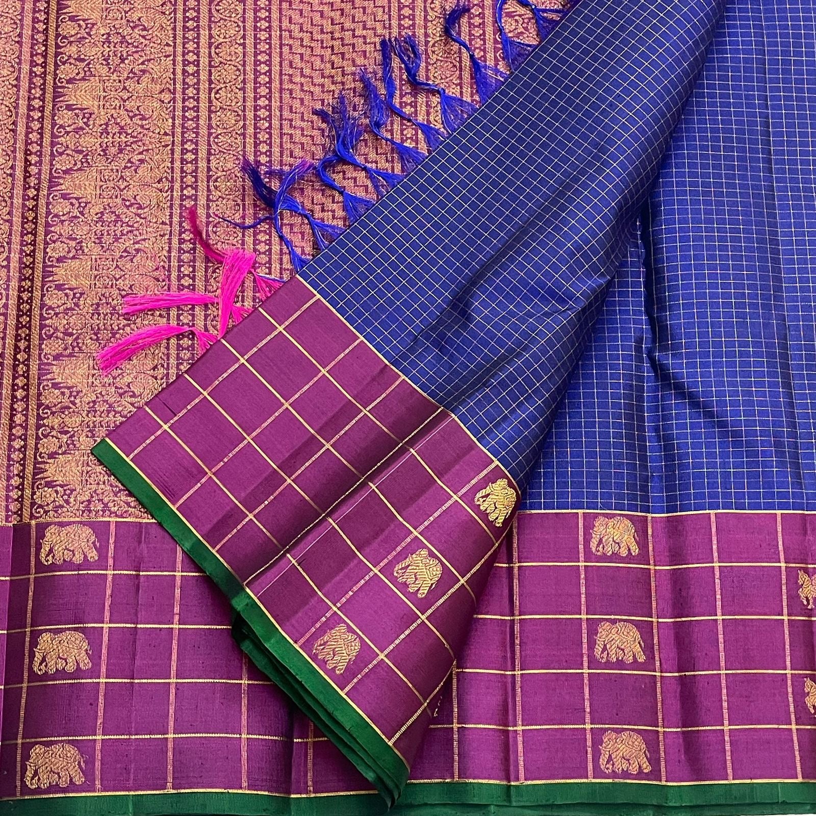 Close-up of vanasringaram butta in gold zari on royal blue Kanchipuram pure silk saree — Idam Living