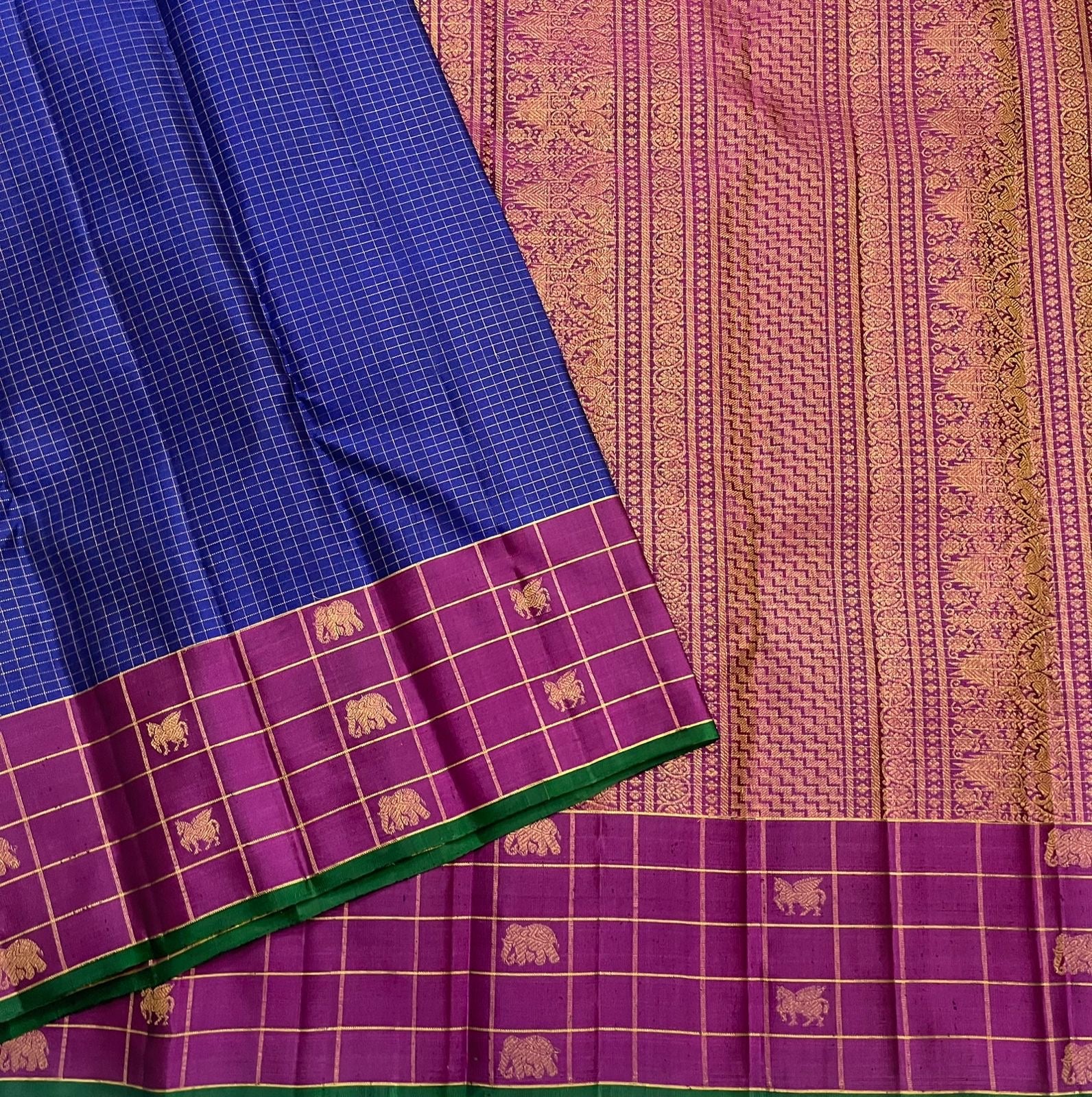 Zari kattam grid weave in gold zari on royal blue Kanchipuram pure silk saree — Idam Living