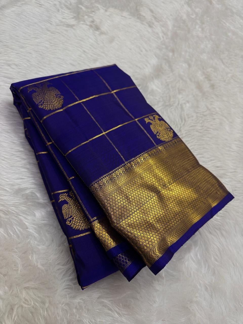 Zari kattam grid weave on royal blue Kanchipuram pure silk saree with gandaberunda butta — Idam Living