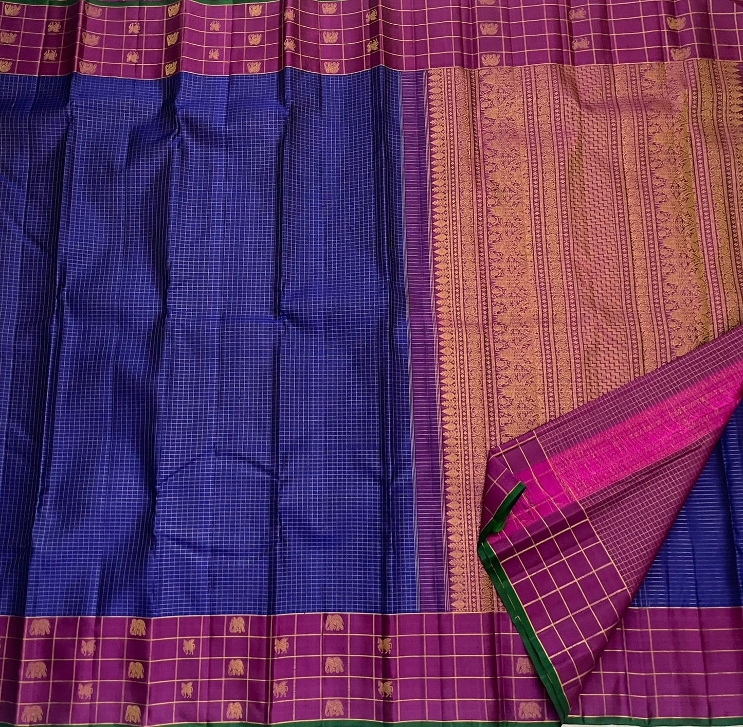 Forest green selvedge and gold zari border on royal blue zari kattam Kanchipuram silk saree — Idam Living