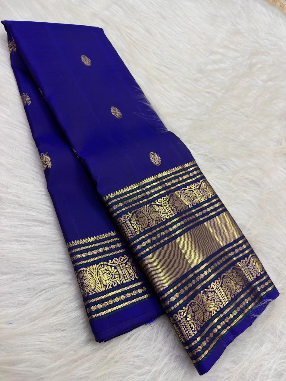 Royal Blue Pure Silk Kanchipuram Saree — full saree overview, Varisaipet weave with peacock border — Idam Living