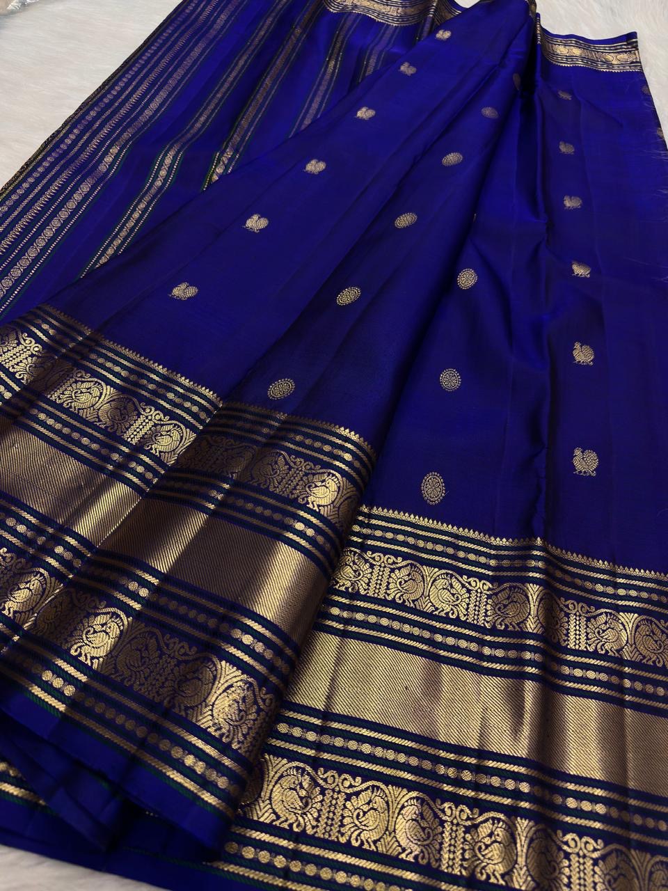 Royal Blue Kanchipuram Saree — body close-up showing scattered gold zari buttas