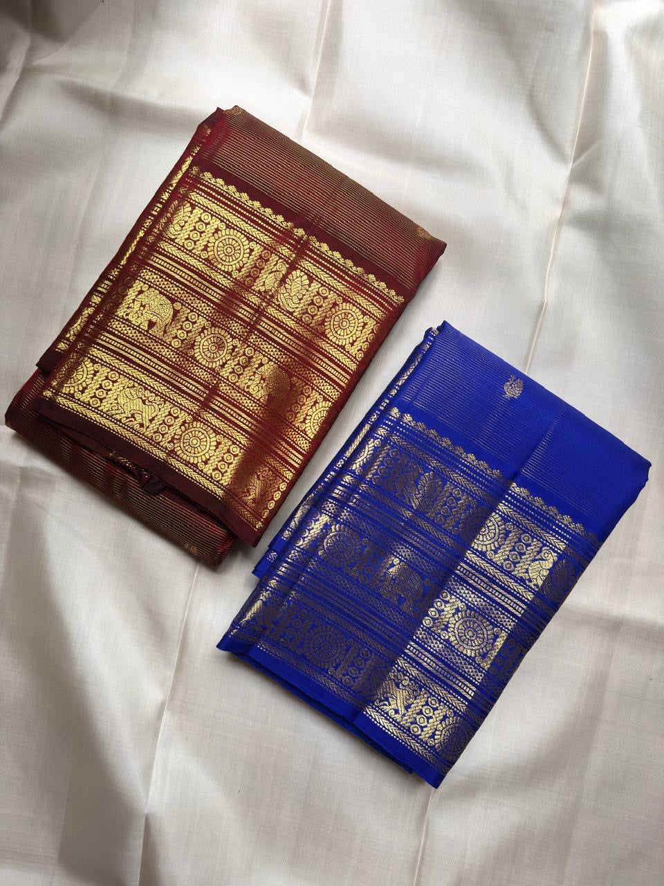 Kancheepuram handwoven vairaoosi saree in royal blue, woven for Idam Living in Kunnam village