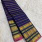 Royal blue Pure Silk Kanchipuram Varisaipet saree with fine twisted gold-zari bands.