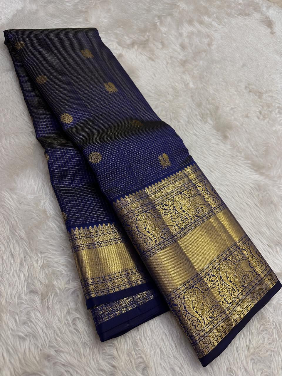 Royal blue Kanjeevaram saree with Zari Kattam weave and Yazhi motif and Kili butta — Idam Living