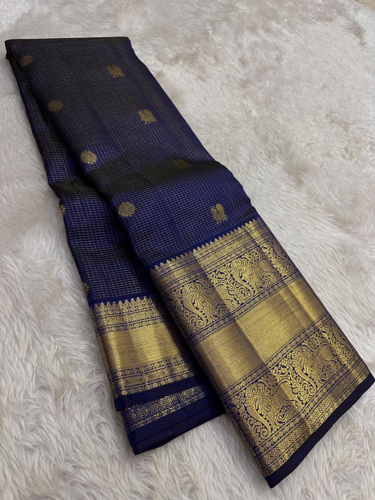 Royal blue Kanjeevaram saree with Zari Kattam weave and Yazhi motif and Kili butta — Idam Living