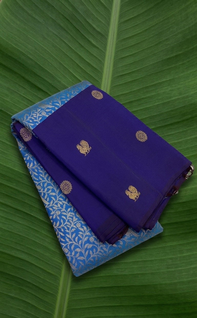 Royal blue Kanjivaram saree with sky azure floral jaal pallu – full length view