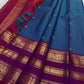 Royal blue pure mulberry silk body of a handwoven Kancheepuram Varisaipet saree, close-up