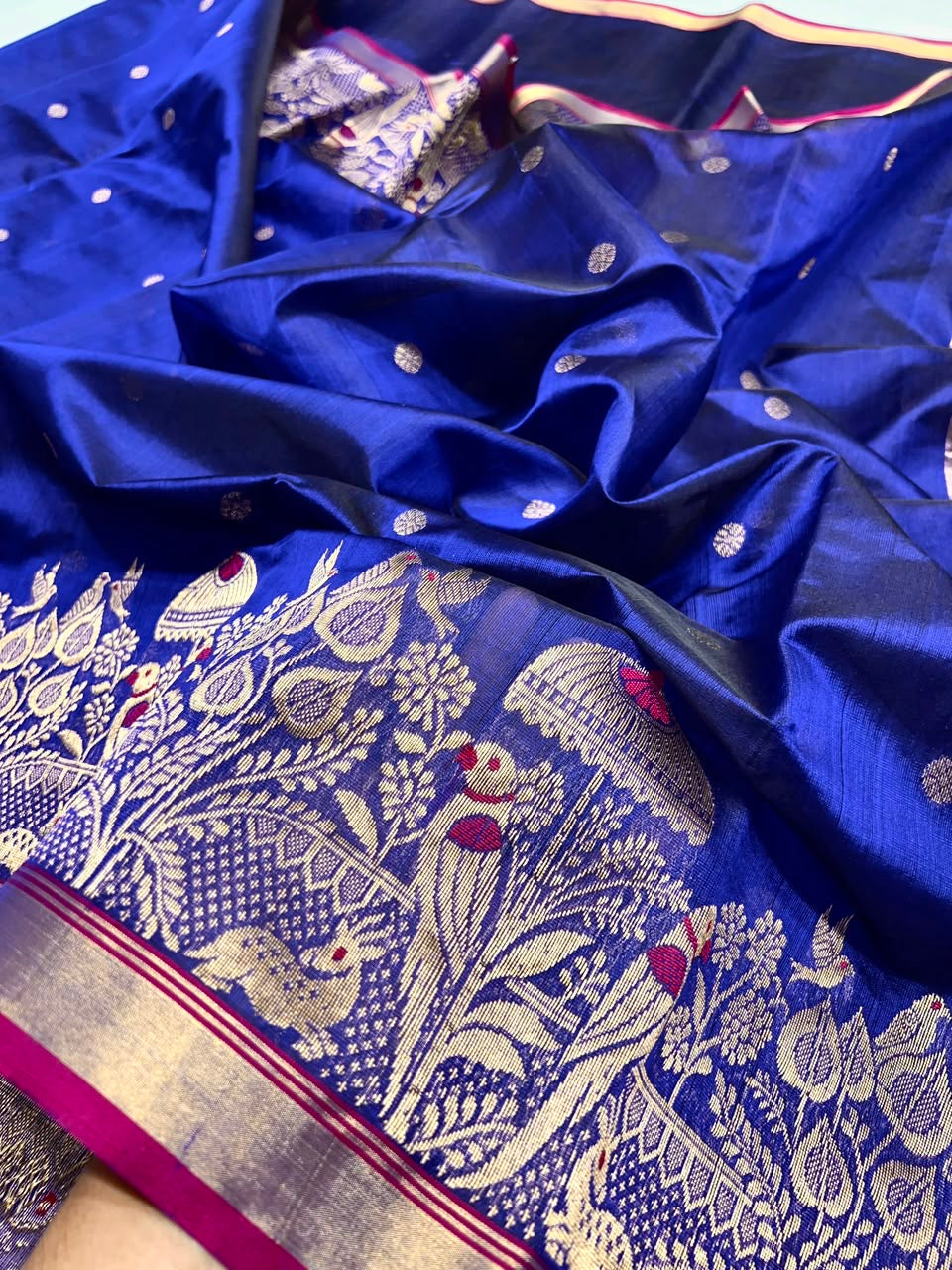 Royal Blue Handwoven Katan Silk Chanderi Saree with Ornate Gold Bird Motif Pallu