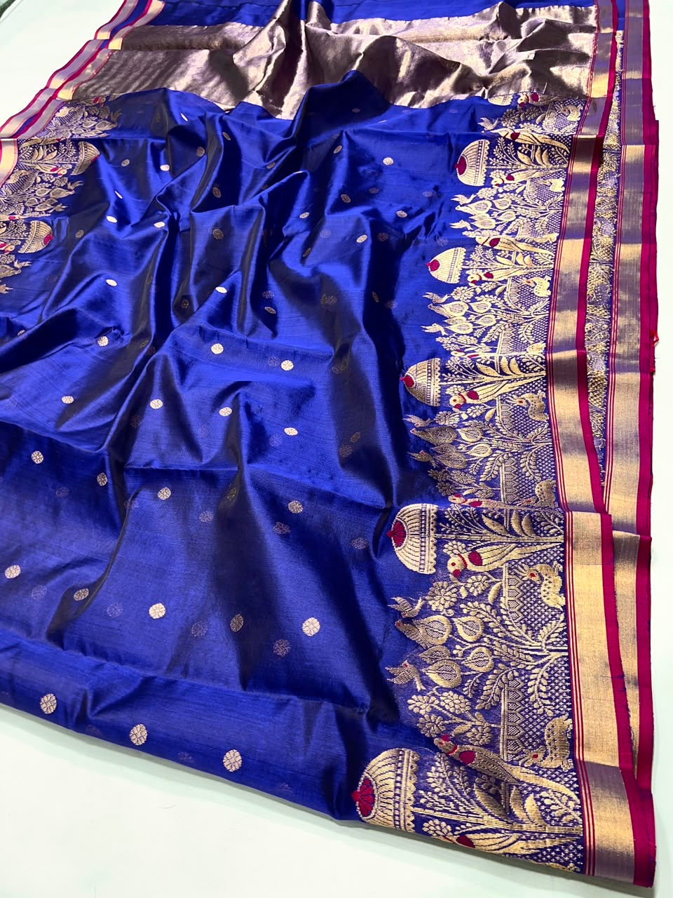 Royal Blue Handwoven Katan Silk Chanderi Saree with Ornate Gold Bird Motif Pallu