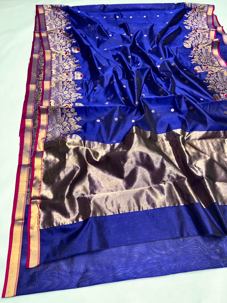Royal Blue Handwoven Katan Silk Chanderi Saree with Ornate Gold Bird Motif Pallu