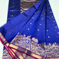 Royal Blue Handwoven Katan Silk Chanderi Saree with Ornate Gold Bird Motif Pallu