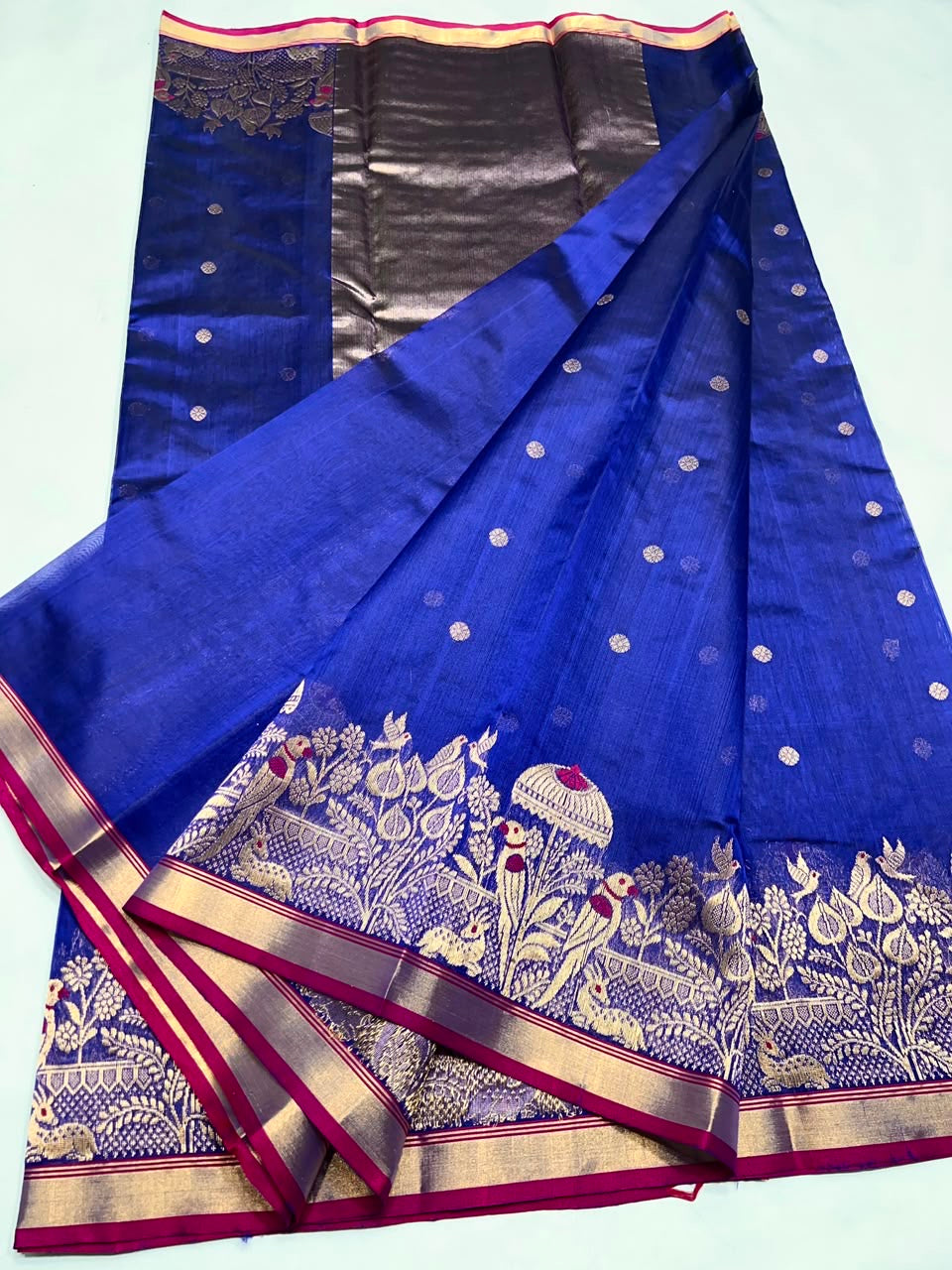 Royal Blue Handwoven Katan Silk Chanderi Saree with Ornate Gold Bird Motif Pallu