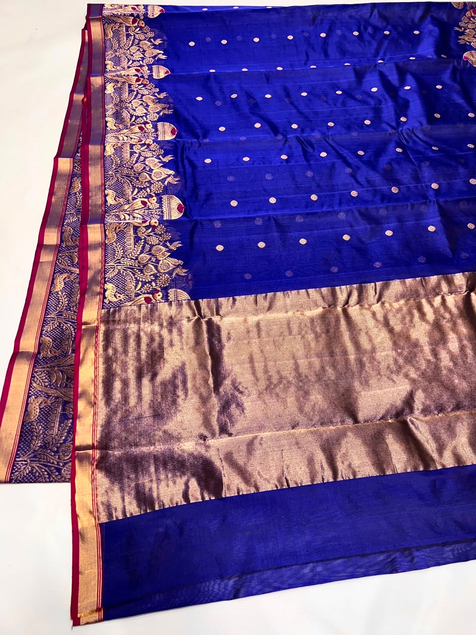Royal Blue Handwoven Katan Silk Chanderi Saree with Ornate Gold Bird Motif Pallu