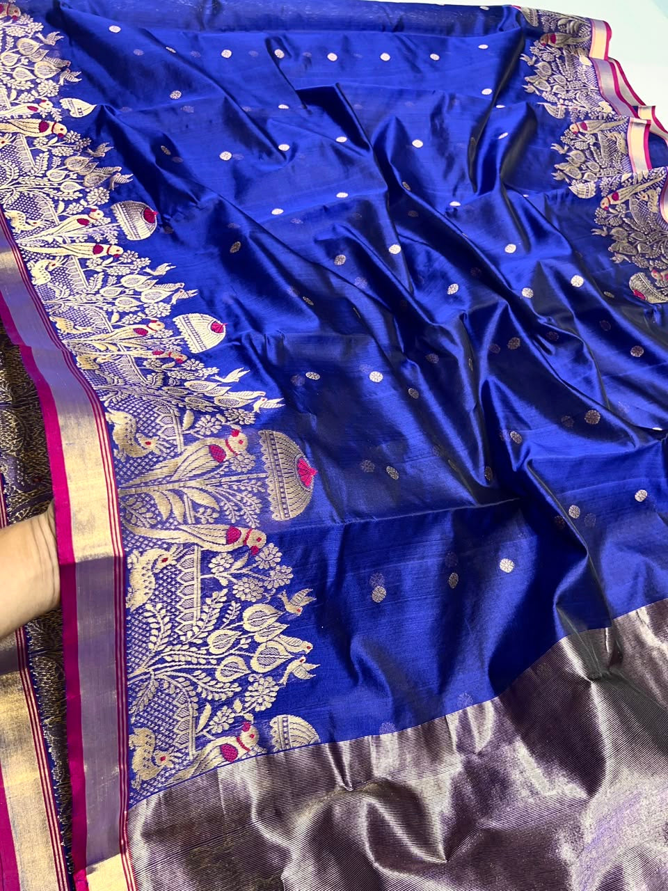 Royal Blue Handwoven Katan Silk Chanderi Saree with Ornate Gold Bird Motif Pallu