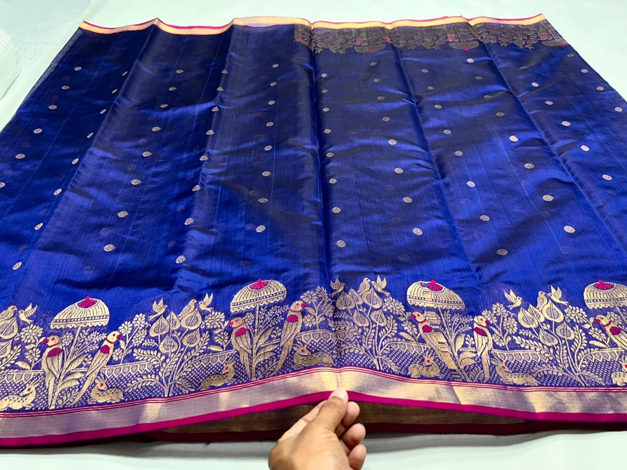 Royal Blue Handwoven Katan Silk Chanderi Saree with Ornate Gold Bird Motif Pallu