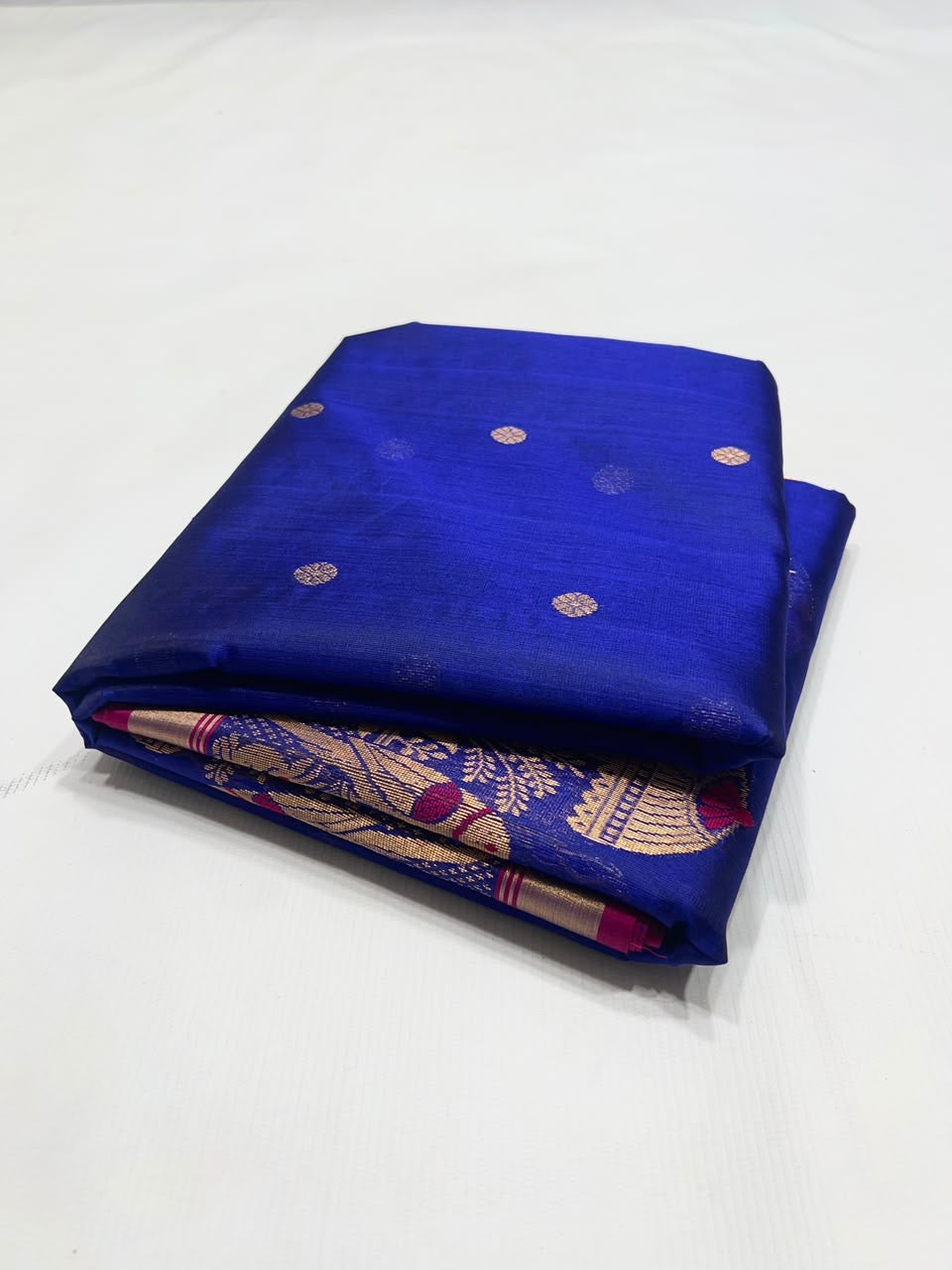 Royal Blue Handwoven Katan Silk Chanderi Saree with Ornate Gold Bird Motif Pallu