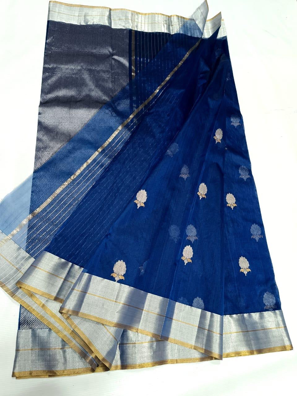 Royal-blue Katan Silk Chanderi saree by Idam Living