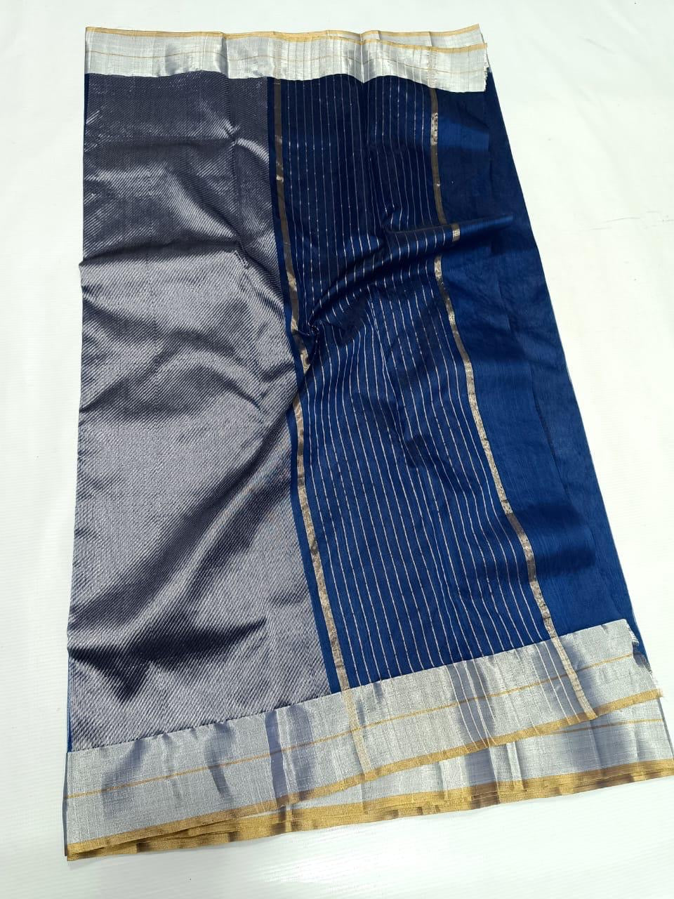Silver-grey metallic woven pallu on royal-blue Chanderi