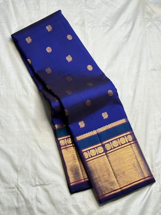 Royal Blue Handwoven Pure Silk Kanchipuram Saree with Mayil Chakram Butta Motifs