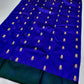 Royal blue Pattu Silk Chanderi saree with gold floral butta and bottle green border — Idam Living
