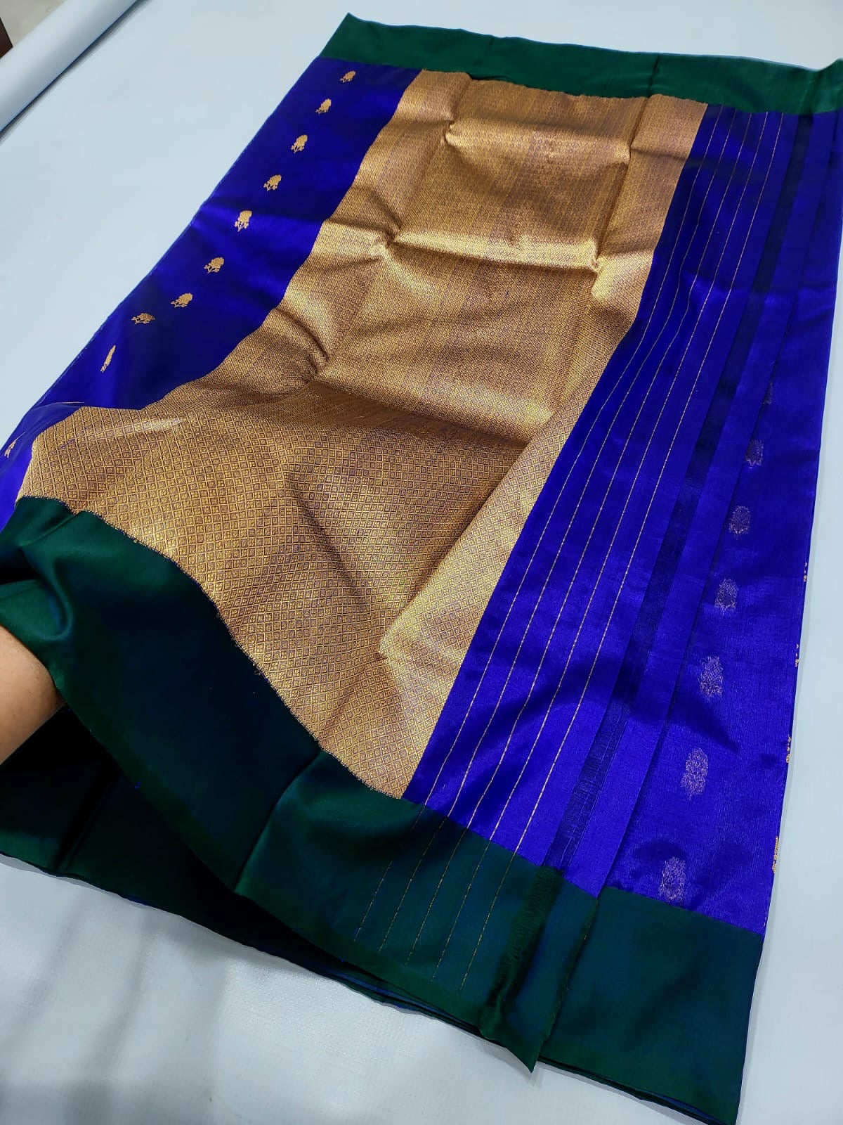 Royal blue Pattu Silk Chanderi saree folded, full view