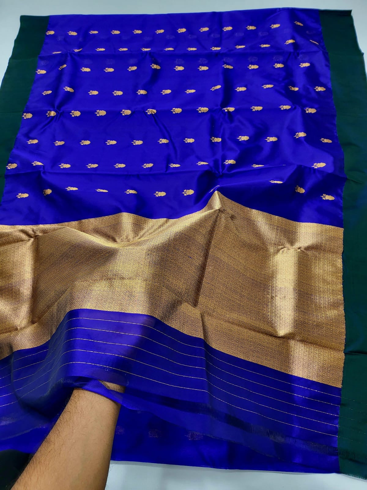 Handwoven royal blue Chanderi saree, full drape