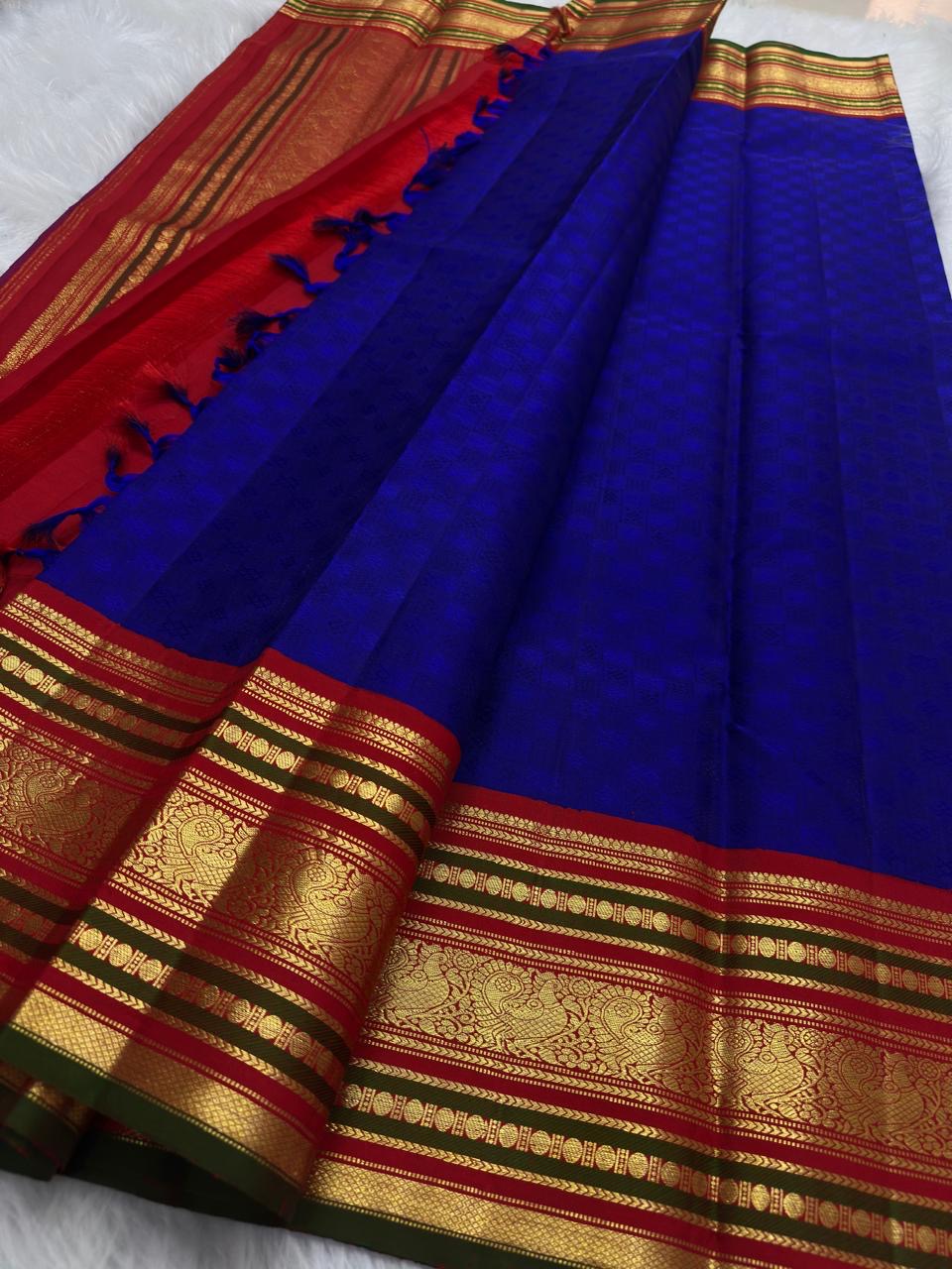 Royal-blue pure silk Kanchi Pattu Korvai saree, full drape — Idam Living