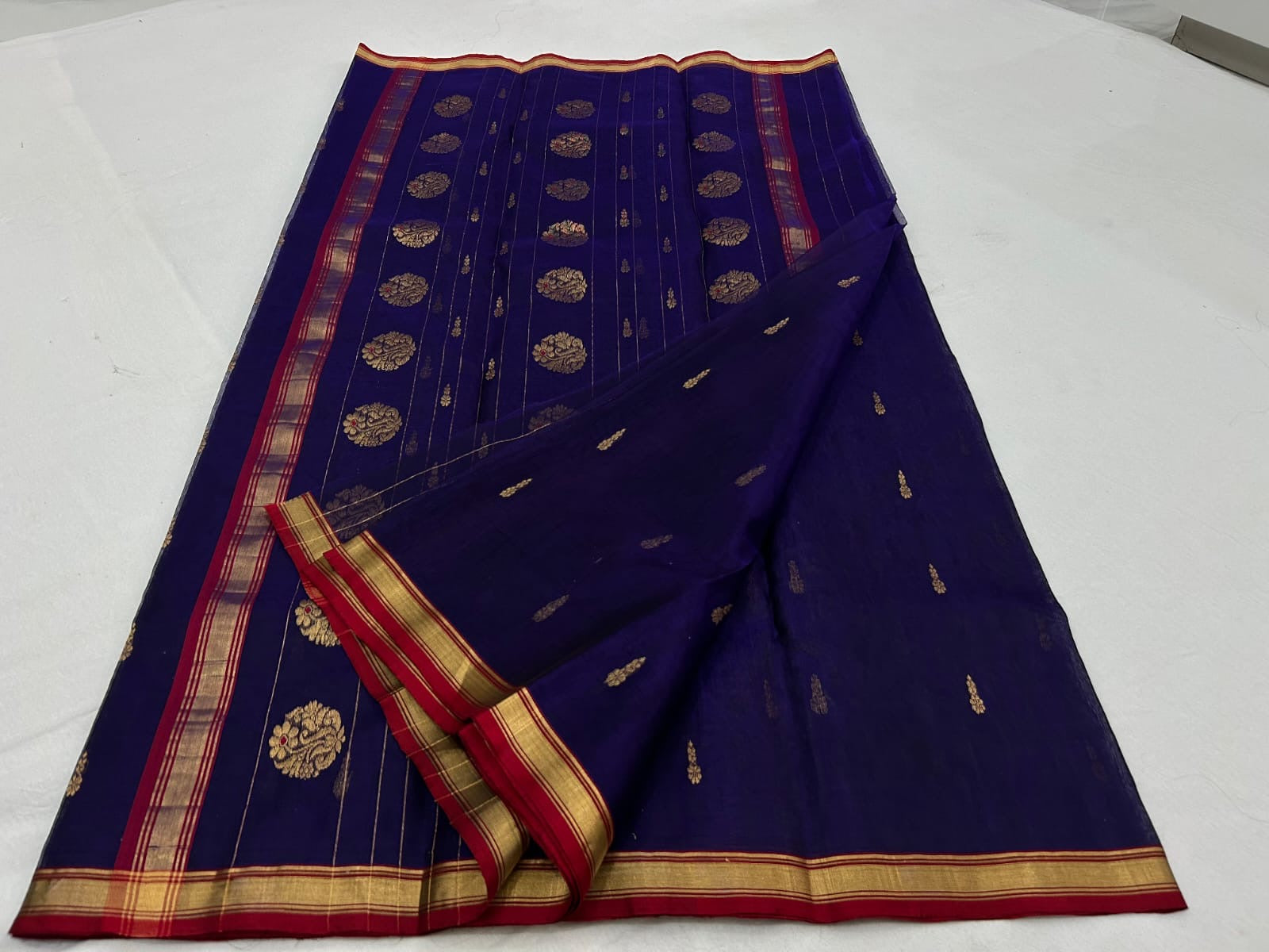 Handwoven pure silk Chanderi saree in royal blue with crimson red border